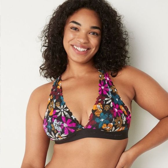 NWT 2PC PINK VICTORIA SECRET LACE HALTER BRA BOY SHORTS WILDFLOWER SET SMALL S - Picture 8 of 10